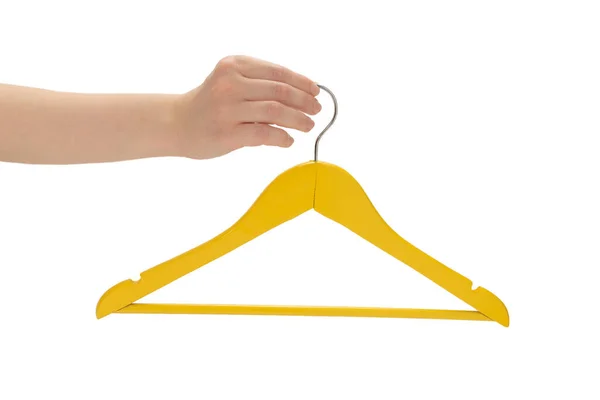 Yellow Hanger Woman Hand Isolated White Background — Stock Photo, Image