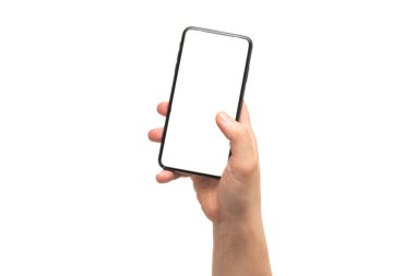 Beyaz arka planda elle izole edilmiş akıllı telefon. Beyaz perde. Boşluğu kopyala.