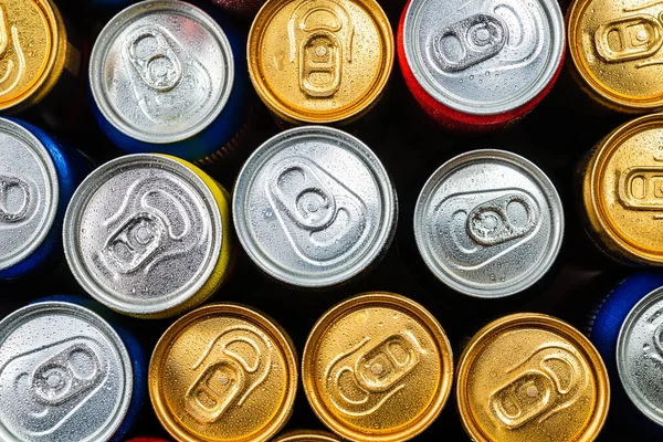 Groep Aluminium Blikjes Koude Drank Bovenaanzicht — Stockfoto