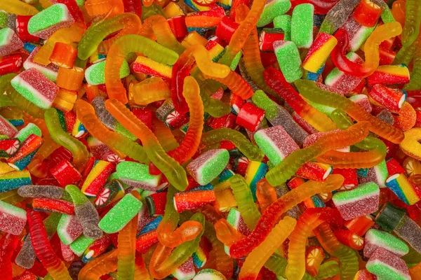 Assorted Tasty Gummy Candies Top View Jelly Sweets Background — Stock Photo, Image