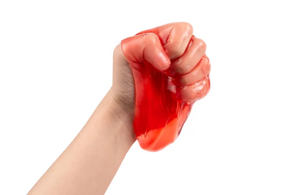 Rood Slijm Speelgoed Hand Van Een Vrouw Geïsoleerd Wit Bovenaanzicht — Stockfoto
