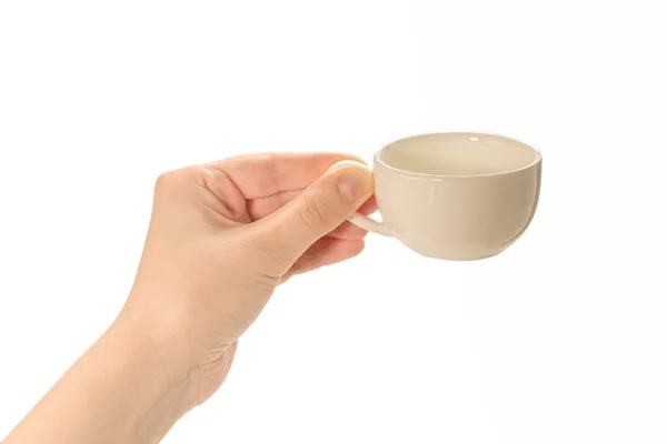 Пустой Кофе Чашку Руке Женщины Изолированы Белом Фоне — стоковое фото