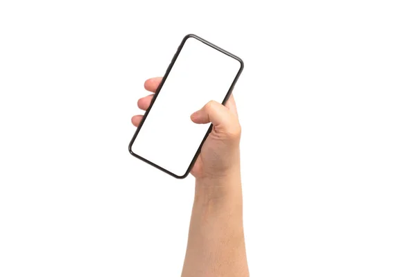 Smart Telefon Man Hand Isolerad Vit Bakgrund Vit Skärm Kopiera — Stockfoto