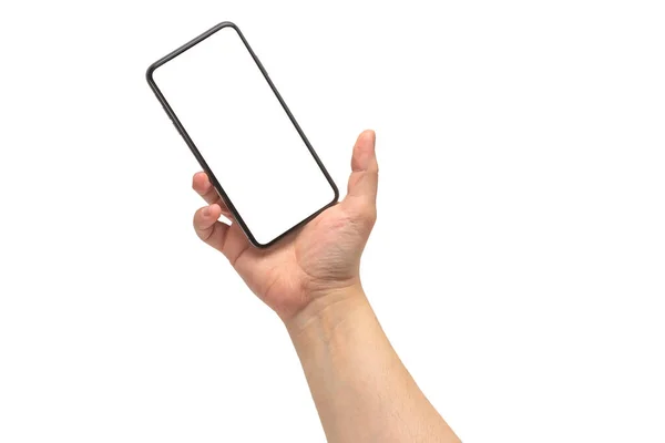 智能电话在人的手隔离在白色背景 白色屏幕 复制空间 — 图库照片