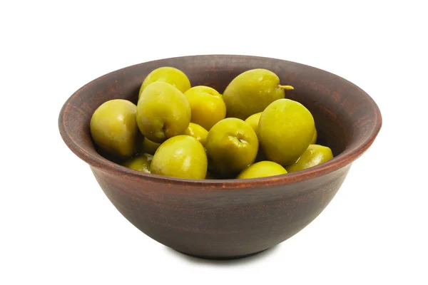 Olive Ciotola Marrone Ceramica Isolate Fondo Bianco — Foto Stock