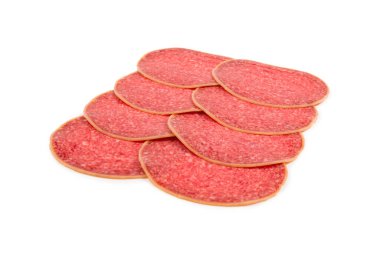 Lezzetli salam arka planda. Üst görünüm.