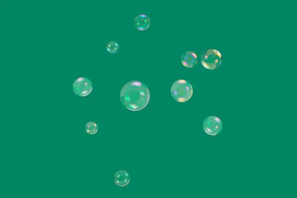 Burbujas Jabón Aisladas Sobre Fondo Verde Copiar Espacio — Foto de Stock