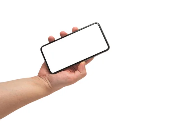 Smartphone Der Hand Isoliert Auf Weißem Hintergrund Weiße Leinwand Kopierraum — Stockfoto