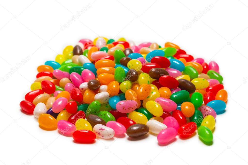 Colorful jelly beans isolated on white. Top view. 