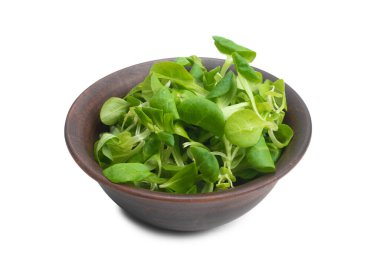 Beyaz arka planda izole edilmiş seramik kahverengi kasede püre salatası.. 