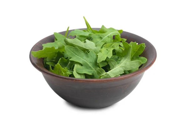 Fresh Leaves Arugula Ceramic Brown Bowl Isolated White Background — Stock Photo, Image