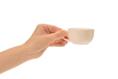 Beyaz arka planda el yapımı boş kahve fincanı..