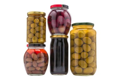 Beyaz arka planda izole edilmiş şişedeki zeytinler.. 