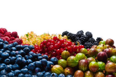 Bektaşi üzümü, yabanmersini, dut, ahududu, beyaz arka planda izole edilmiş beyaz ve kırmızı üzümler. 