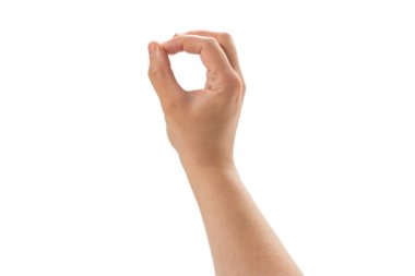 Beyaz arka planda erkek eli izole edilmiş. Sıfır simgesi.