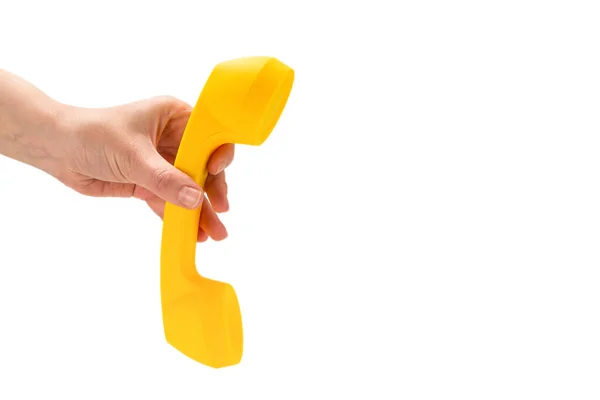 Žlutý Sluchátko Ženské Ruce Izolované Bílém Kopírovat Prostor — Stock fotografie