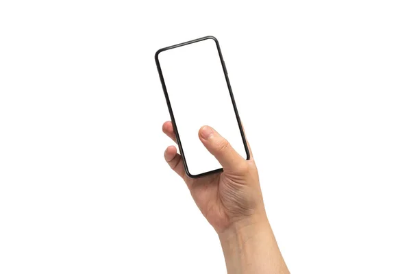 Smart Telefon Man Hand Isolerad Vit Bakgrund Vit Skärm Kopiera — Stockfoto
