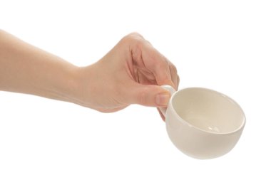 Beyaz arka planda el yapımı boş kahve fincanı..