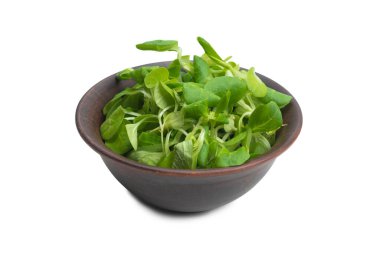 Beyaz arka planda izole edilmiş seramik kahverengi kasede püre salatası.. 