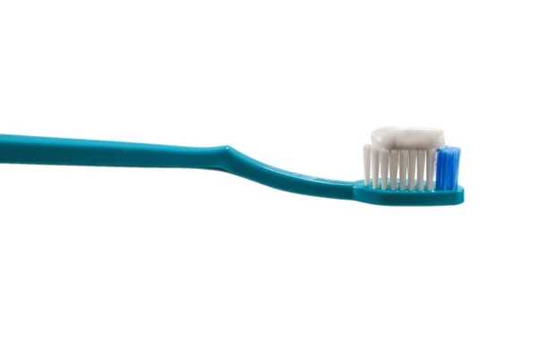 Modrý Kartáček Zubní Pastou Izolovaný Bílém Pozadí Kopírovat Prostor — Stock fotografie