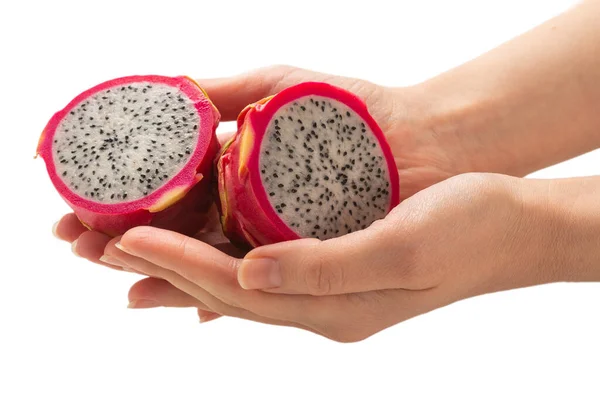 Zoete Smakelijke Draak Fruit Pitaya Hand Van Vrouw Geïsoleerd Wit — Stockfoto