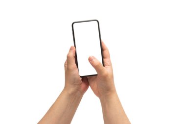 Beyaz arka planda elle izole edilmiş akıllı telefon. Beyaz perde. Boşluğu kopyala.
