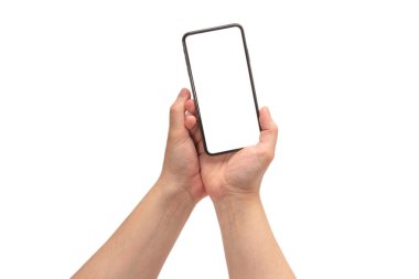 Beyaz arka planda elle izole edilmiş akıllı telefon. Beyaz perde. Boşluğu kopyala.