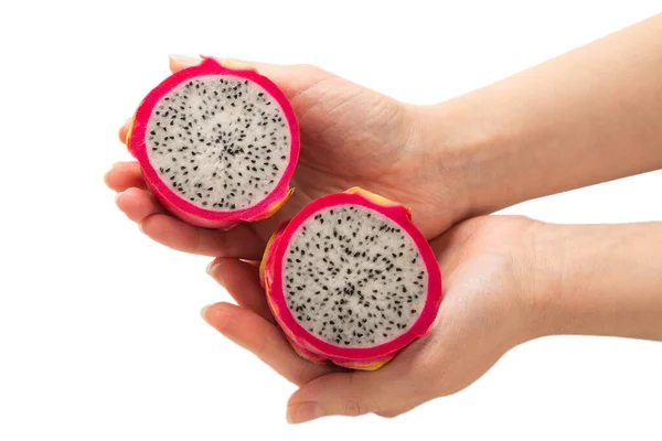 Süße Leckere Drachenfrucht Oder Pitaya Frauenhand Isoliert Auf Weiß — Stockfoto