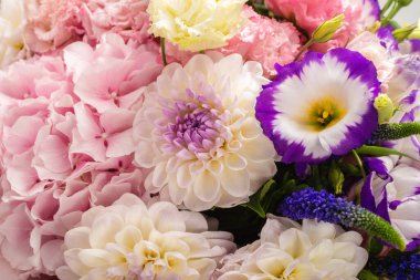 Beyaz arka planda izole edilmiş pembe bir kutuda pembe ve mor çiçek demeti.. 