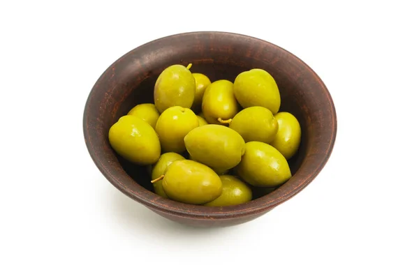 Olive Ciotola Marrone Ceramica Isolate Fondo Bianco — Foto Stock