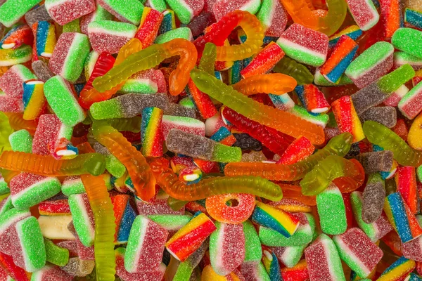 Assorted Tasty Gummy Candies Top View Jelly Sweets Background — Stock Photo, Image