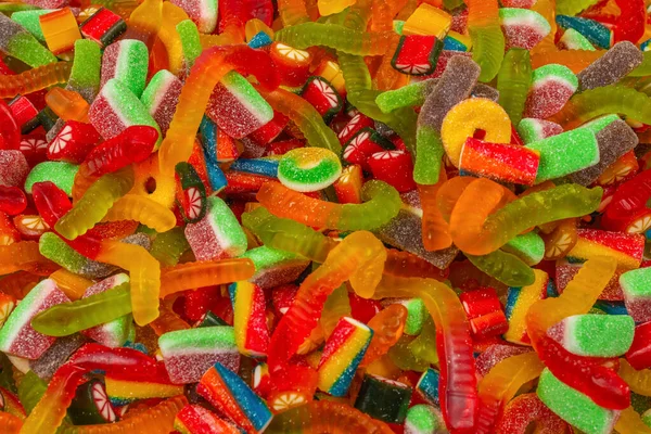 Assorted Tasty Gummy Candies Top View Jelly Sweets Background — Stock Photo, Image