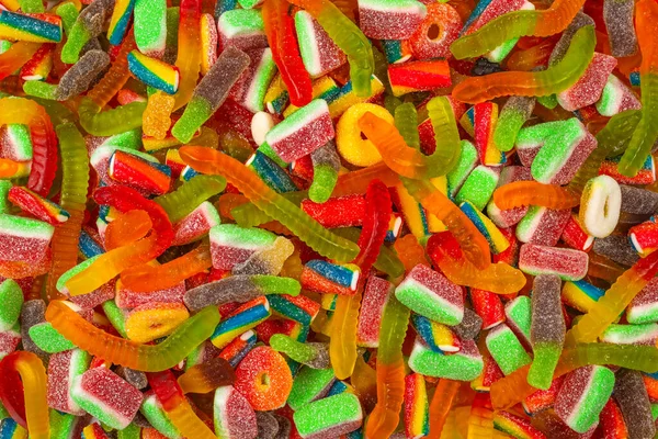 Verschiedene Leckere Gummibärchen Ansicht Von Oben Gelee Bonbons Hintergrund — Stockfoto