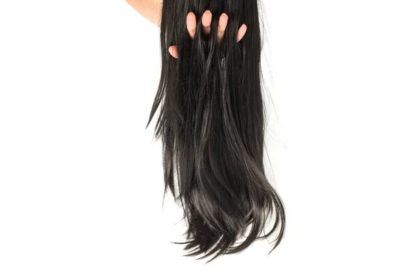 Mulher Mão Pontas Cabelo Preto Isolado Fundo Branco — Fotografia de Stock