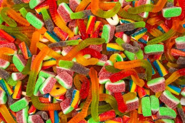 Lezzetli jelibon şekerler. Üst Manzara. Jöle tatlısı arka planı. 