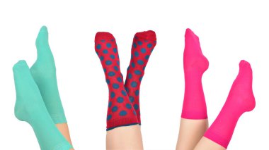 Mavi çoraplı kadın beyaz arka planda izole edilmiş. Üst görünüm. 