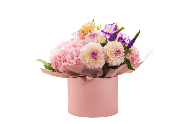 Pink Purple Bouquet Flowers Pink Box Isolated White Background — Stock Photo, Image