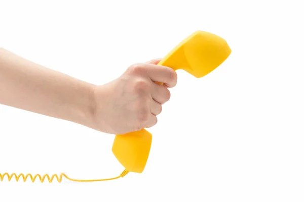 Желтый Телефон Женской Руке Изолирован Белом Копирование Пространства — стоковое фото