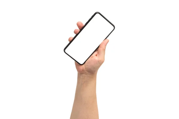 智能电话在人的手隔离在白色背景 白色屏幕 复制空间 — 图库照片