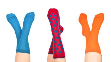 Mavi çoraplı kadın beyaz arka planda izole edilmiş. Üst görünüm. 