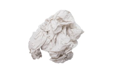 Buruşmuş beyaz kağıt beyaz arka planda izole edilmiş. Boşluğu kopyala. 