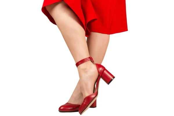 Woman Red Dress Retro Red Sandals Heels Isolated White Background — Stock Photo, Image