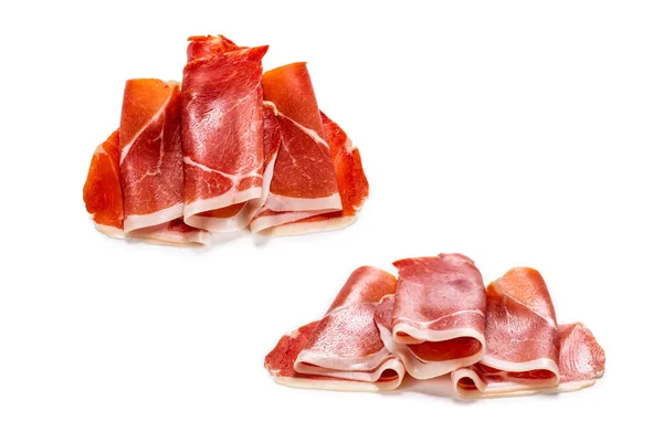 Tenký Krájený Jamon Izolovaný Bílém Pozadí Horní Pohled — Stock fotografie