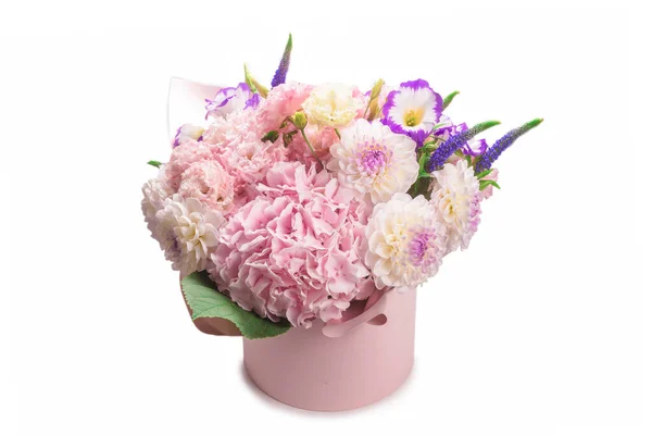 Pink Purple Bouquet Flowers Pink Box Isolated White Background — Stock Photo, Image
