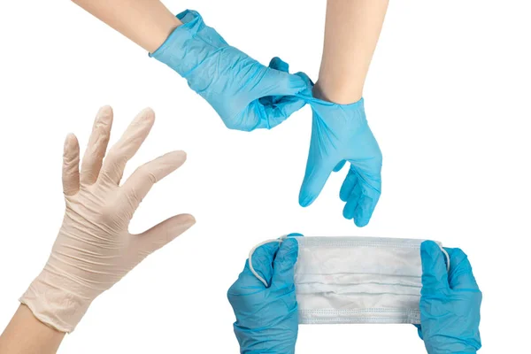 Woman Puts White Rubber Gloves Isolated White — Stock Photo, Image