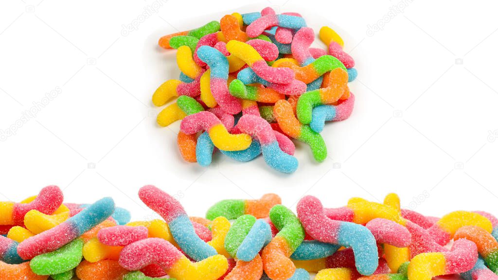 Juicy colorful jelly sweets isolated on white. Gummy candies. Snakes. 