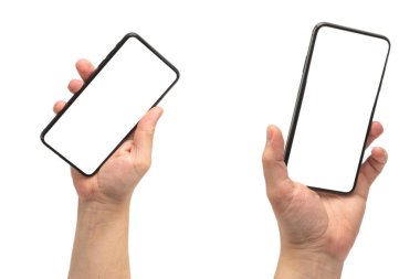 Beyaz arka planda elle izole edilmiş akıllı telefon. Beyaz perde. Boşluğu kopyala.