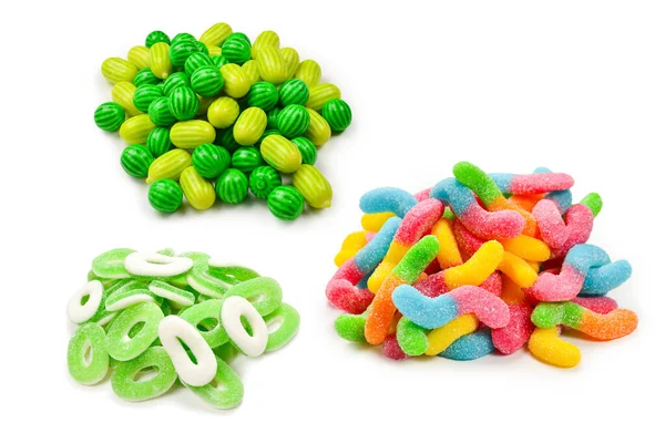 Saftige Bunte Gelee Bonbons Isoliert Auf Weiß Gummibärchen Schlangen — Stockfoto