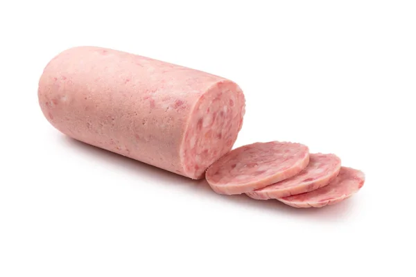 Saucisse Bouillie Isolée Sur Fond Blanc Tranches — Photo