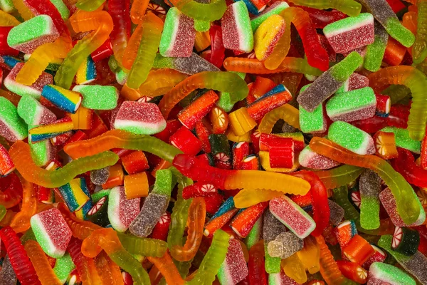 Assorted Tasty Gummy Candies Top View Jelly Sweets Background — Stock Photo, Image